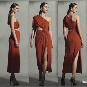 RARE ⚡️ NWT ASOS 70s ONE SHOULDER CUT OUT TERRACOTTA RUST MIDI DRESS SMALL 6 $98